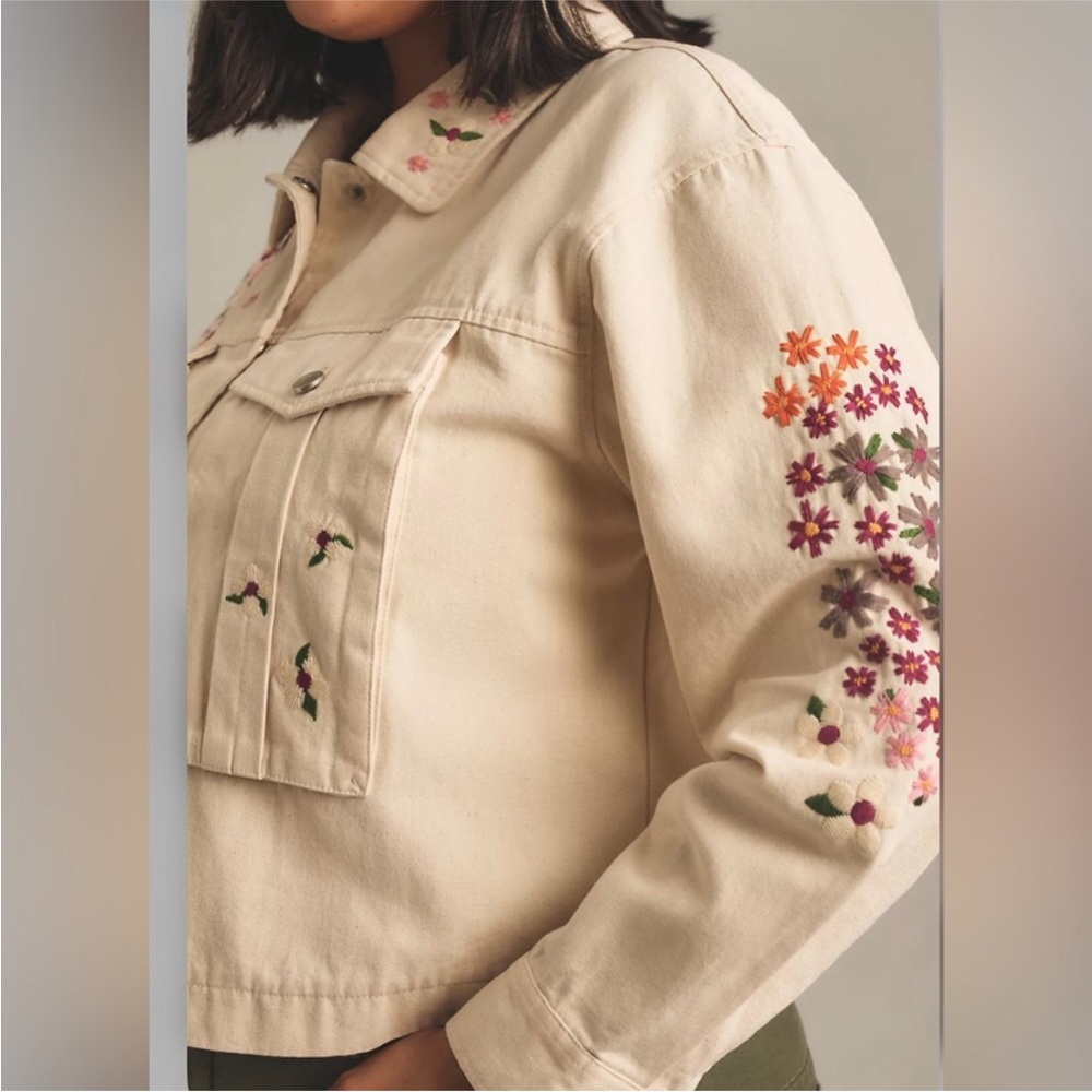 DOLAN Anthropologie Floral Embroidered cream denim jean Jacket size Large new - Picture 6 of 7